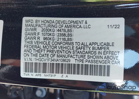 2022 Honda Accord Sport from USA, damaged, VIN 1HGCV1F34NA108629